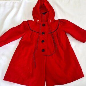 Vintage Girls F.W. Fischer Red Wool Dress Coat Size 4 Removable Hood